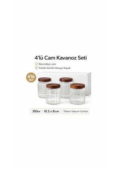 4 Lü Cam Kavanoz Seti Mien 350 Ml Akasya Kapaklı, Hava Geçirmez Yuvarlak Saklama Kavanozu Kahverengi - Şeffaf