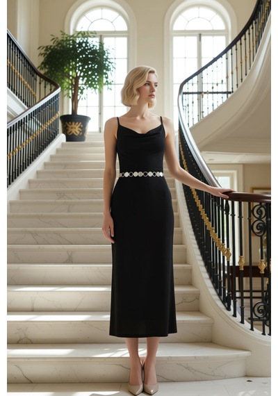 Benerly Kadın Asimetrik Yaka Kolsuz Bodycon Kalıp Maxi Örme Elbise Modern Siyah