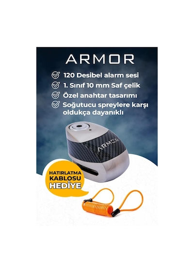 Armor 610 Mva 10 Mm Alarmlı Çelik Disk Kilit Motorsiklet Kilidi+hatırlatma Kablosu
