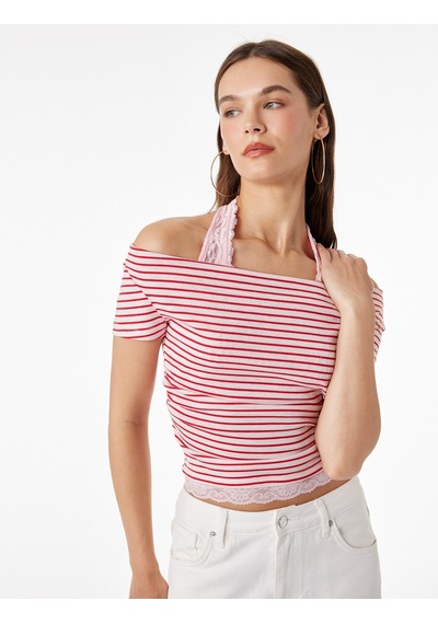 Koton Slim Fit Viskon Karışımlı İkili Kayık Yaka Kısa Kollu Tişört Kırmızı Çizgili 6sal10983ık Koton Slim Fit Viskon Karışımlı İkili Kayık Yaka Kısa Kollu Tişört Kırmızı Çizgili 6sal10983ık