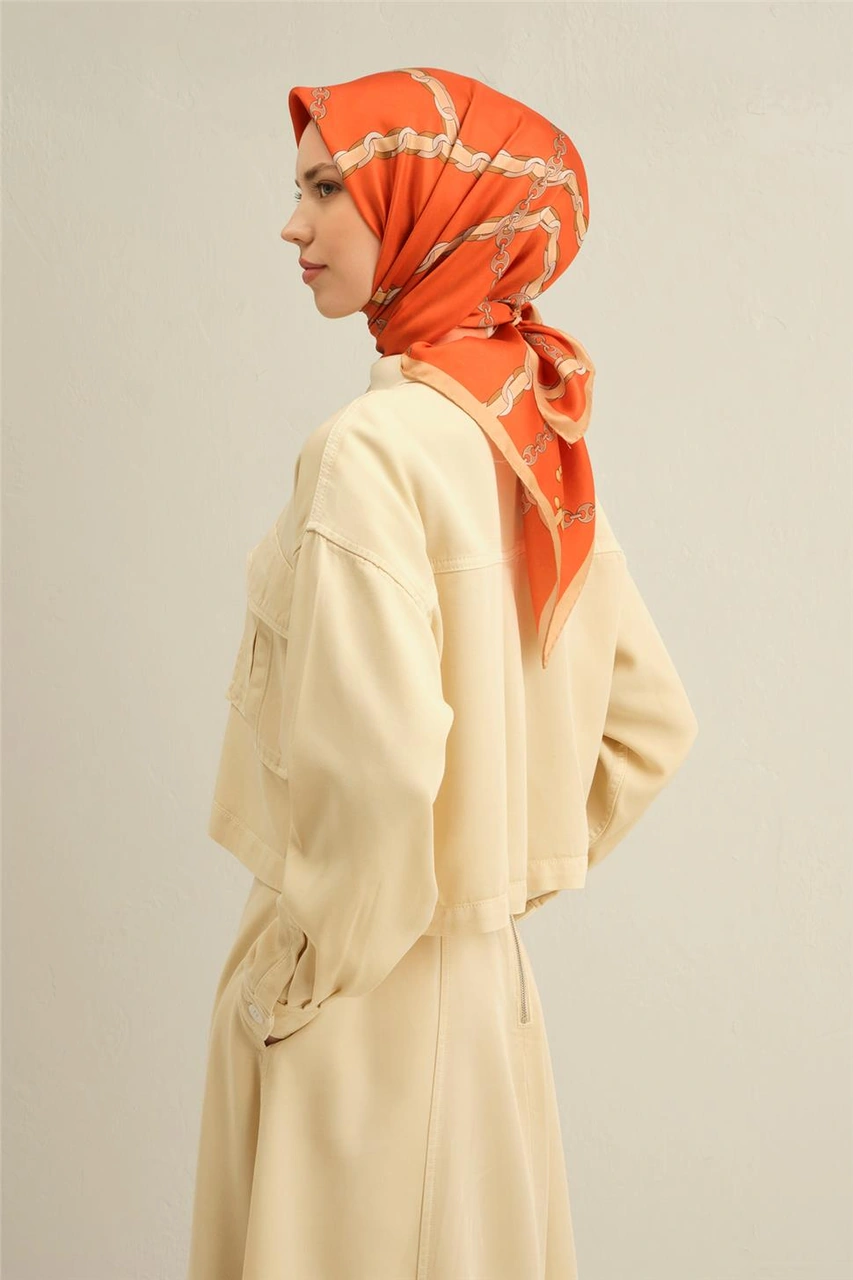Armine Klasik Desenli Saf İpek Twill Eşarp 9346d 01 Turuncu
