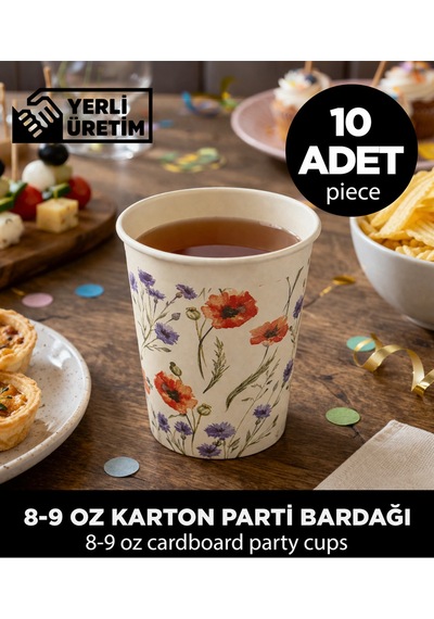 Gelincik Ve Kır Çiçeği Desenli 8-9 Oz Şık Davet Ve Organizasyon Karton Parti Bardağı 10 Adet Diğer