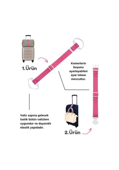 Temel Valiz Üstü Çanta Sabitleme Kemeri Ve Çanta Asma Askısı Seti Koyu Pembe Renk