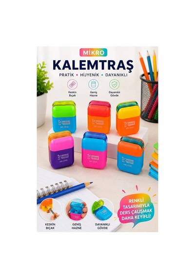 Kalemtraş 6 Adet Mikro Mk-2045 Hazneli Çift Bıçaklı Kalem Açacağı Plastik Kalemtıraş Kalem Traş Okul Sınıf