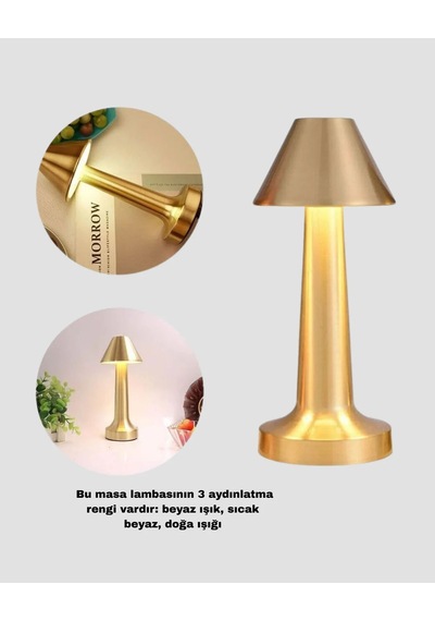 Kablosuz Led Masa Lambası 1800mah 3 Renk Aydınlatma Dokunmatik Sarı Altın