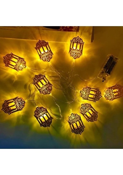 Ramazan Kandili Figürlü 2 Metre Pilli Gold Metal Dekoratif Led Işık Zinciri