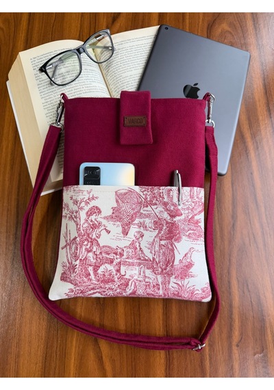 Aksesuarsepeti El Yapımı, Fransız Köylüsü Desenli, Cepli, Taşıma Askılı, Kılıf Çanta, Tablet Kılıfı, Kitap Kılıfı Bordo