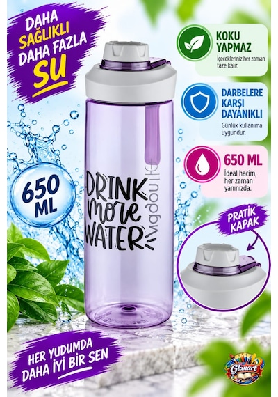 Şeffaf Renk 650 Ml Suluk Matara, Ergonomik Kapak 1 Adet Mor