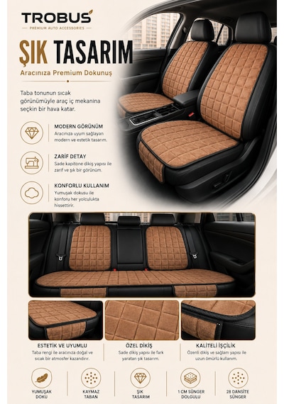 Opel Astra 2000-2004 Üniversal Soft Alkantra Kare Desen 7 Parça Oto Koltuk Minderi Taba