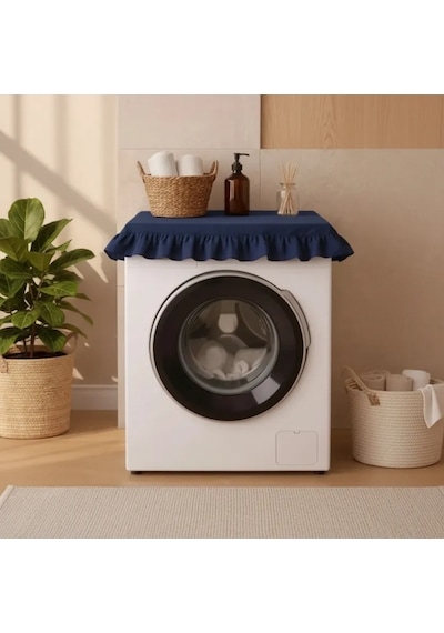 Fırfırlı Çamaşır Makinesi Örtüsü - Çeyizlik Dekoratif Banyo Makine Kılıfı- Lacivert