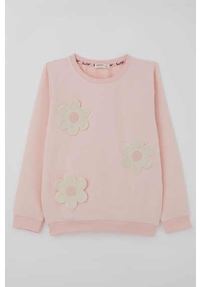Breeze Kız Çocuk Sweatshirt Triko Papatya Aplikeli 4-8 Yaş , Pudra