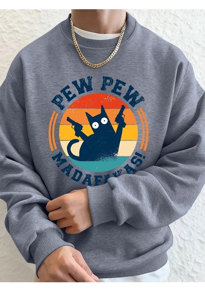 Startmore Tarzsokak Madafakas Çift Silahlı Kedi Baskılı Erkek Kapüşonlu Üstü Sonbahar Polar Sıcak Sweatshirt Günl Gri
