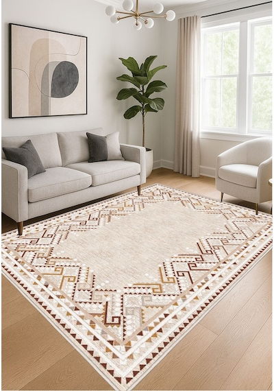 STY Home Krem Dijital Baskı Salon Halısı Kaymaz Tabanlı Yıkanabilir Halı Yolluk 507 Krem
