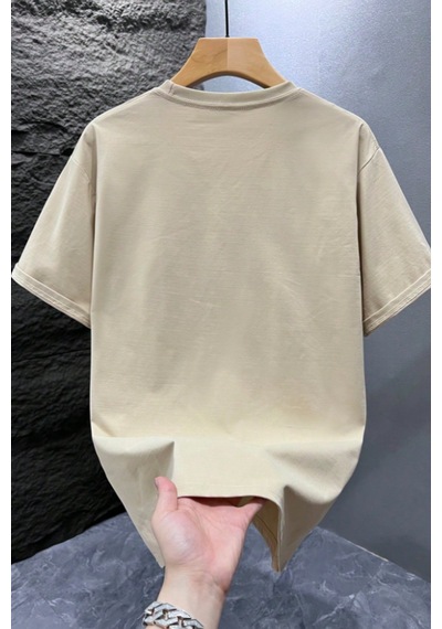 Erkek %100 Organik Pamuklu Kalın Dokulu Comfort Fit Bisiklet Yakalı T-shirt Bej