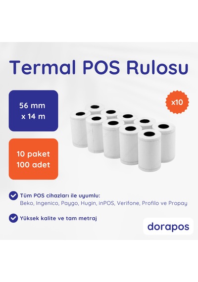 Dorapos 56mm X 14m Termal Rulo 100 Lü Paket Yazar Kasa Pos Kağıdı