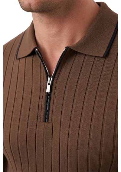 Deepsea Erkek Slim Fit Tüylenmeyen Çizgi Dokulu Kahve Triko Kazak Fermuarlı Polo Yaka 2700401 Deepsea Erkek Slim Fit Tüylenmeyen Çizgi Dokulu Kahve Triko Kazak Fermuarlı Polo Yaka 2700401