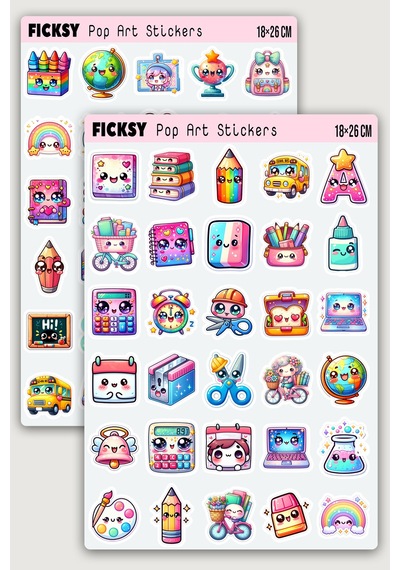 Kawaii Okul Temalı Sticker Seti - 60 Adet Etiket Çıkartma Çok Renkli