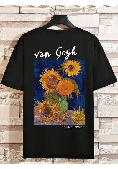 Unisex Siyah Oversize Van Gogh Baskılı Örme T-shirt Siyah-57130
