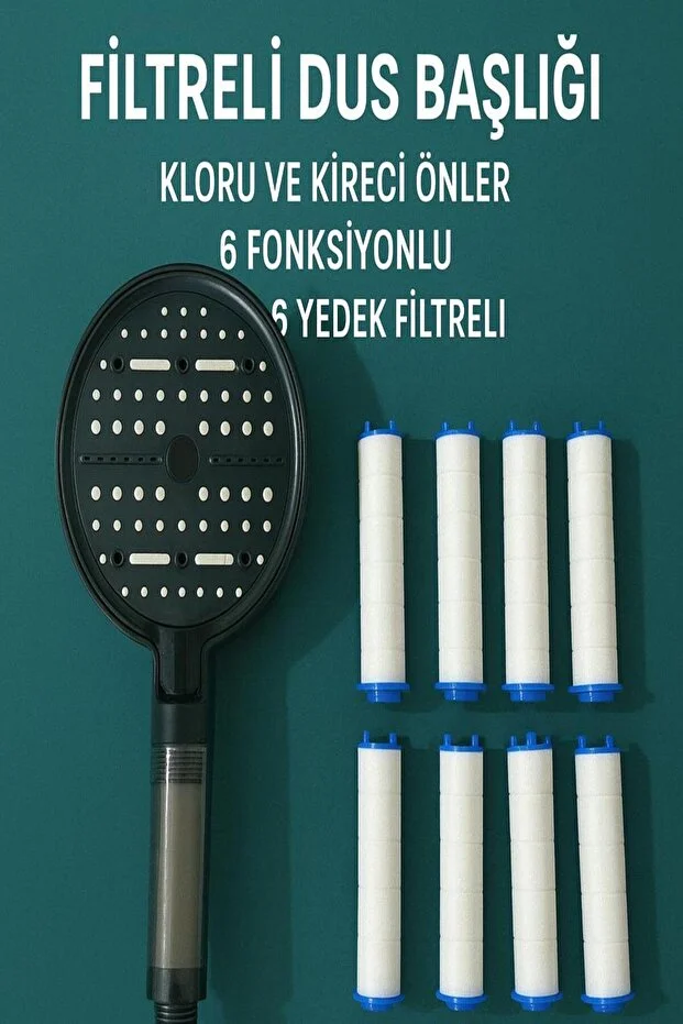 Duş Başlığı Filtreli 6 Fonksiyonlu Klor Ve Kireç Önleyici Su Tasarruflu 6 Yedek Filtre Siyah