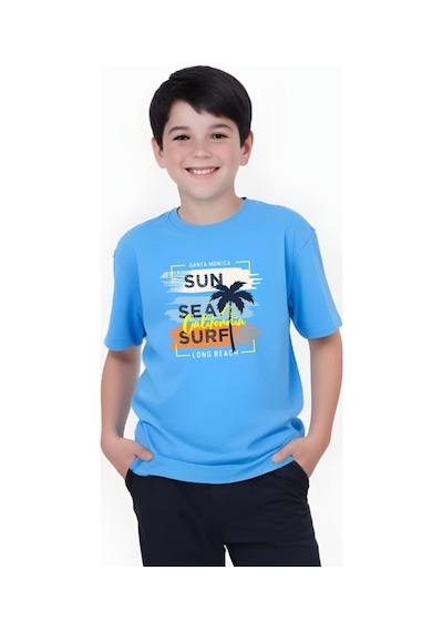 Panios Kids California Sun Baskılı Erkek Çocuk Kısa Kollu Yuvarlak Yaka T-shirt Mavi