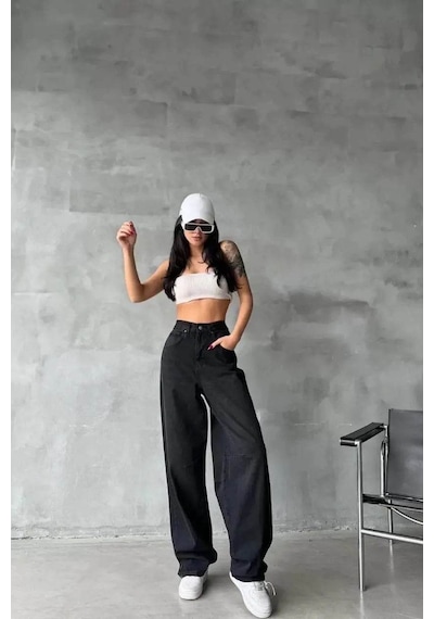 Arkadan Tokalı Jeans Pantolon Siyah - 36 / Siyah Siyah