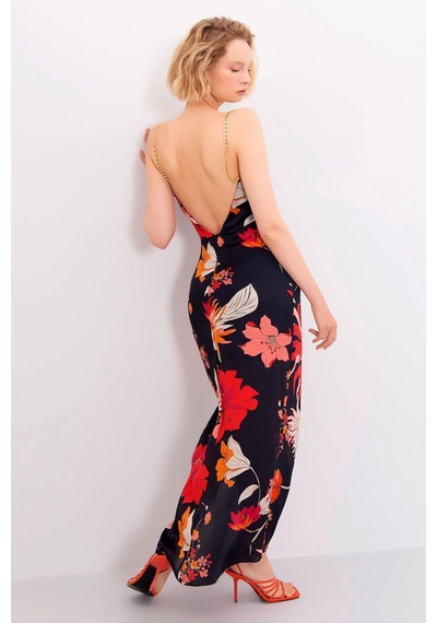 Fashion Cocktail Sırt Dekolteli Pencereli Zincir Askılı Çiçek Desenli Yırtmaçlı Uzun Saten Kokteyl Elbise Siyah Siyah Fashion Cocktail Sırt Dekolteli Pencereli Zincir Askılı Çiçek Desenli Yırtmaçlı Uzun Saten Kokteyl Elbise Siyah Siyah
