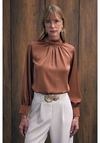 Sateen Yaka Detaylı Saten Bluz - Kahve