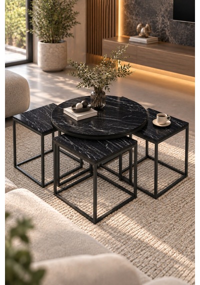 Sulorahome 5'li Sehpa Seti Bendir Siyah Mermer Desenli Metal Ayaklı