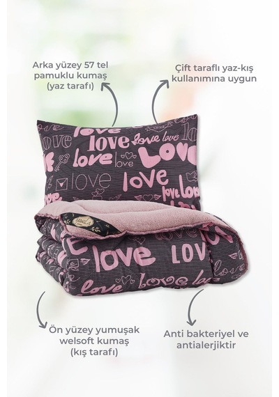 Love Pembe Desenli Çift Kişilik Çift Taraflı Wellsoft Yorgan Seti - Pembe - 195x215