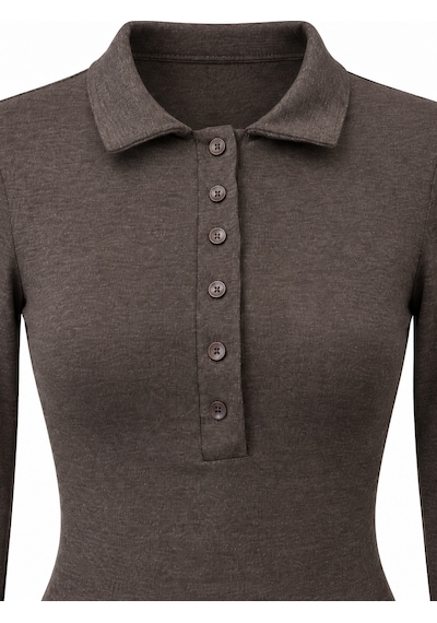 Mixray 2246 Kadın Polo Yaka Düğmeli Uzun Kollu Slim Fit Bluz Kahve