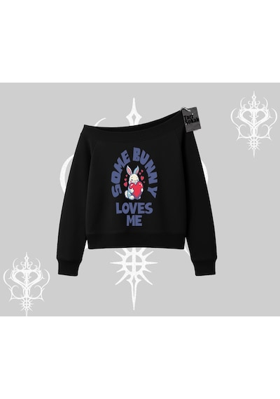 Startmore Kayık Yaka Sweatshirt Sevimli Tavşan Some Bunny Loves Me Baskılı Siyah