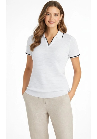 Wear Vexel Kadın Yazlık Dokuma Triko Tişört Düğmesiz Polo Yaka Kısa Kol T-shirt - Beyaz Beyaz