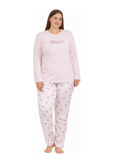 Pemilo Kadın 20755 Büyük Beden Uzun Kol Milan Pijama Takımı Pudra