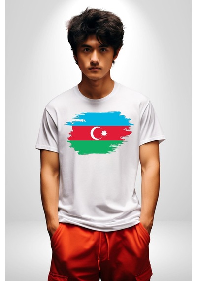Azerbeycan Bayrağı Unisex Unisex Beyaz Organik Baskılı T-shirt Penye Yüksek Kalite Beyaz