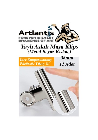 Artlantis Yaylı Askılı Maşa Klips 38 MM 12 Adet Metal Beyaz Kıskaç