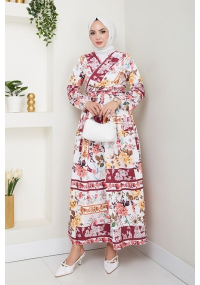 Bestenur Çiçek Desen Bluz Etek İkili Takım 1466 - Bordo Bordo