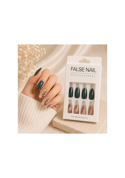 Zelüx - Yeşil Pembe Tonlu - 24 Adet Yapıştırma Tırnak Sanatı Seti Nail Art
