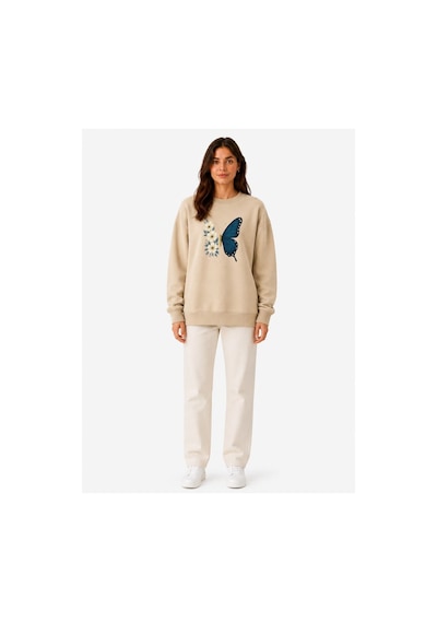 Herkesemoda Kelebekbaskı Detaylı Şardonlu 2 İplik Bisiklet Yaka Sweatshirt Bej