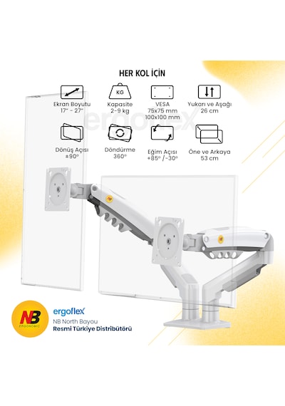 Nb Ergonomic Nb F160 17-27inch Cift Kol 2-9 Kg Amortisorlu Monitor Standı Beyaz