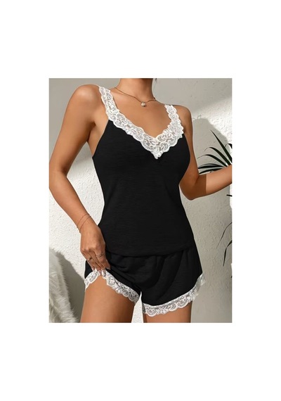 Butik İstanbul Kadın Askılı V Yakalı Viskon Bluz Ve Short Gecelik Takım Siyah
