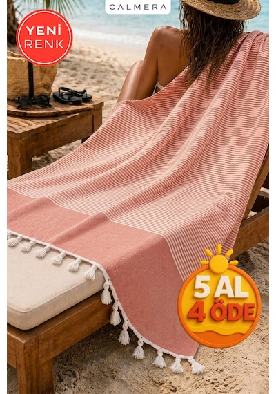 Calmera Çizgili Peştemal Pamuk - Doğal Saçaklı Plaj, Deniz, Havuz, Spa, Sauna, Spor, Seyahat Havlu - Kırmızı