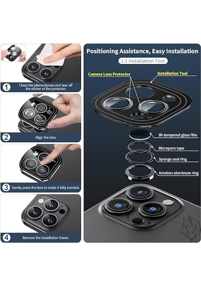 İphone 14 Pro / 14 Pro Max / 15 Pro / 15 Pro Max Safir Premıum Kamera Lens Koruyucu,  Tasarım Çizilmez 9h Temperli Cam Kamera Ekran Koruyucu, Metal Lens, Siyah,