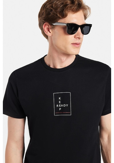 Tudors Erkek Slim Fit Dar Kesim %100 Pamuk Yumuşak Dokulu Baskılı Siyah Bisiklet Yaka Tişört-33168 Siyah