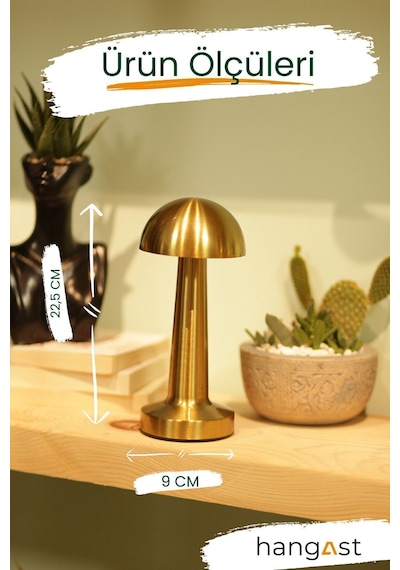 Hl-009g Dekoratif Metal Gold Mantar Kablosuz Masa Lambası Ledli 5v 3 Renk Işık Usb Şarjlı Altın Sarı