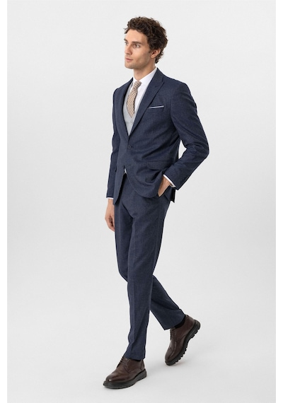 Süvari Lacivert Slim Fit Desenli Sivri Yaka 6 Drop Yelekli Klasik Takım Elbise