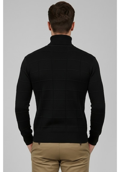 Deepsea Erkek Siyah Kare Desenli Balıkçı Yaka Slim Fit Boğazlı Triko Kazak 2505493 Siyah