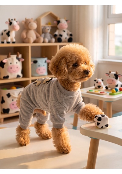 Moo Moo Cozy Köpek Tulumu Gri Melanj Kalın Penye Köpek Kıyafeti Yumuşak İnek Oyuncak Aksesuarlı