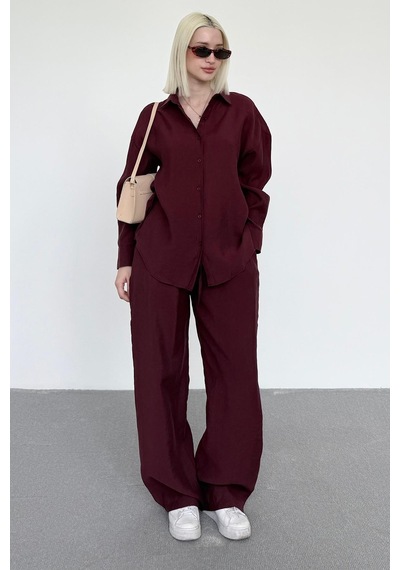 Madmext Bordo Basic Kadın Gömlek Pantolon İkili Takım Mg2352 Bordo