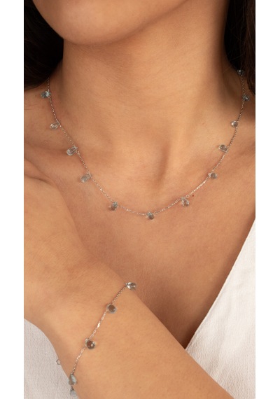 Doğan Diamond 925 Ayar Gümüş Doğal Mavi Topaz Taşlı Kadın Kolye Takı Seti-kuvars Gümüş