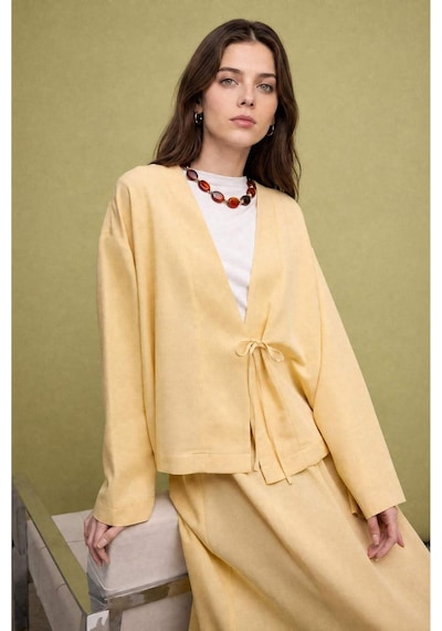 Defacto Regular Fıt Keten Karışımlı Açık Sarı Kimono I1780ax26hsyl250 Sarı-yl250